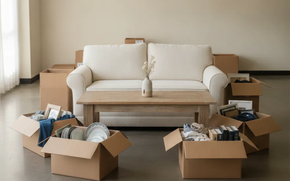 A gently used loveseat and coffee table set aside at a donation drop-off area