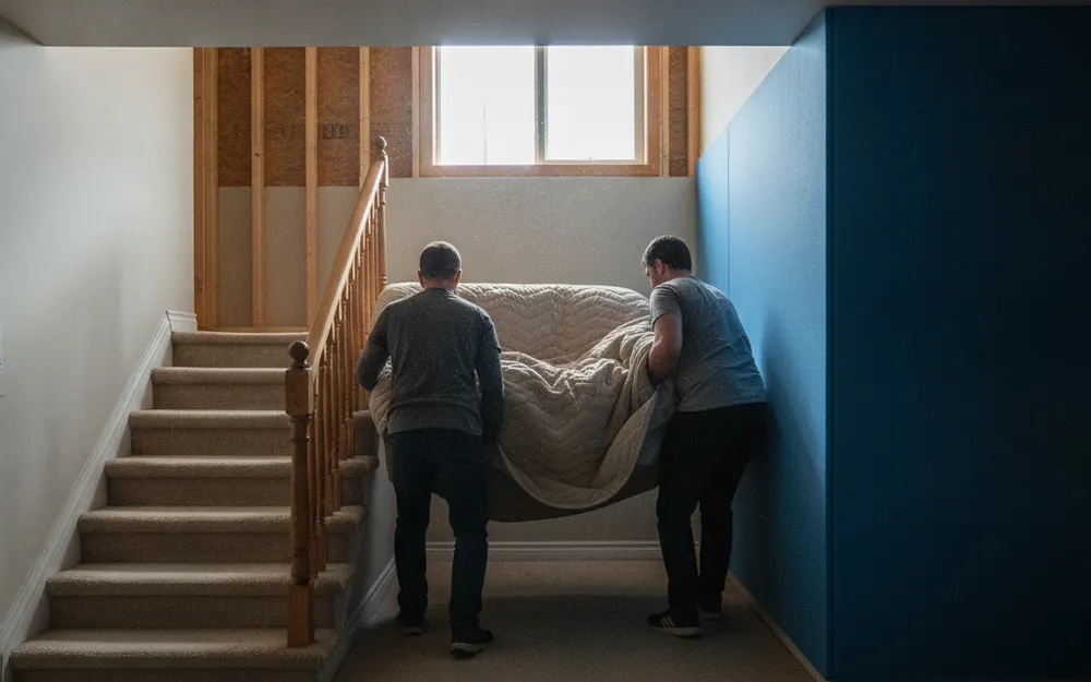 Two people carrying a blanket-wrapped sofa past the bottom of a basement staircase