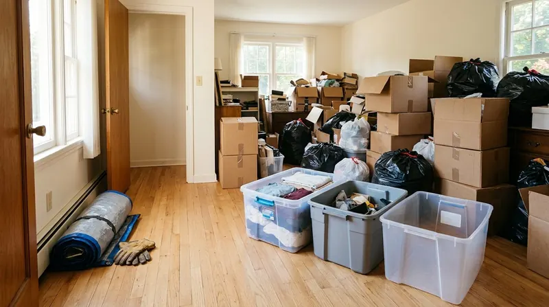 A bedroom halfway through a cleanout, one side cleared and swept, the other still stacked with boxes, with sorting tubs on the floor