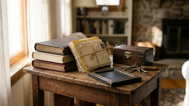 A side table holding photo albums, bundled documents, a jewellery box and keys set aside during a house cleanout