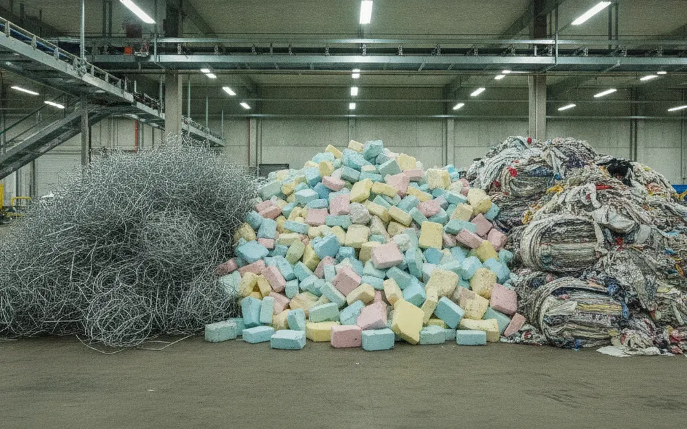 Steel springs, foam blocks and fabric separated into piles at a mattress recycling facility