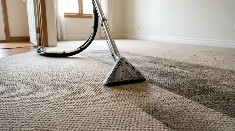 A carpet cleaning wand on a bedroom carpet, with a clear line between the freshly cleaned section and the dull section