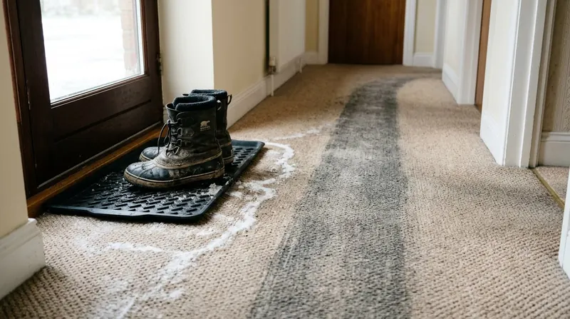 A hallway carpet near a front entry with a greyed traffic lane and white road salt marks beside a boot mat