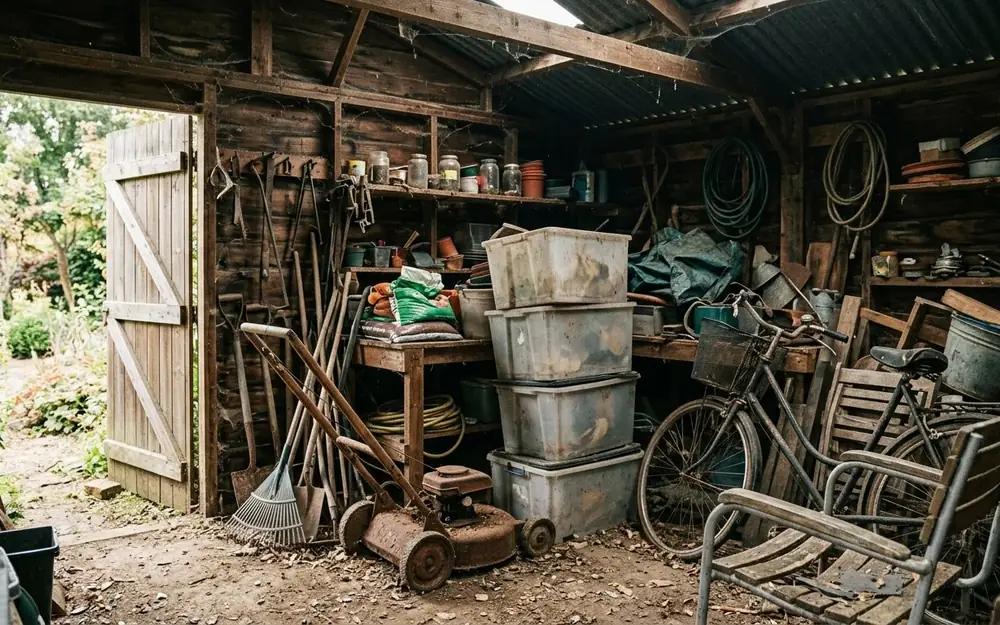 Inside an old backyard shed packed with stored tools, bins and lawn equipment