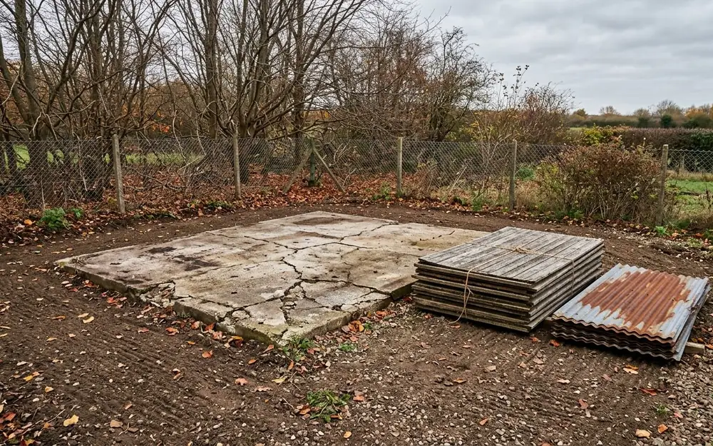 An empty concrete shed pad with dismantled panels stacked beside it for hauling