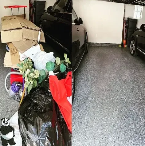 Garage packed with cardboard and bags beside a parked car, then swept clear