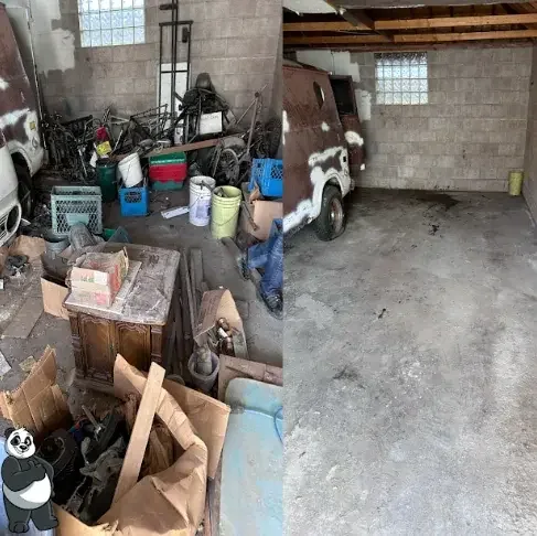 Detached garage crowded around an old van, then cleared to bare floor