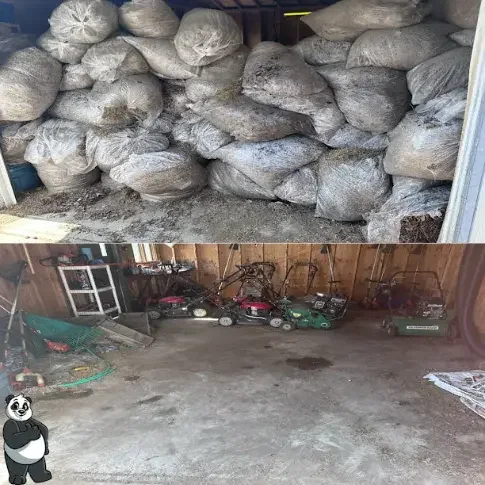 Garage stacked to the ceiling with yard waste bags, then cleared back to the mowers