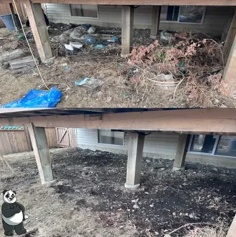Debris and litter under a raised deck, then the same space raked clear