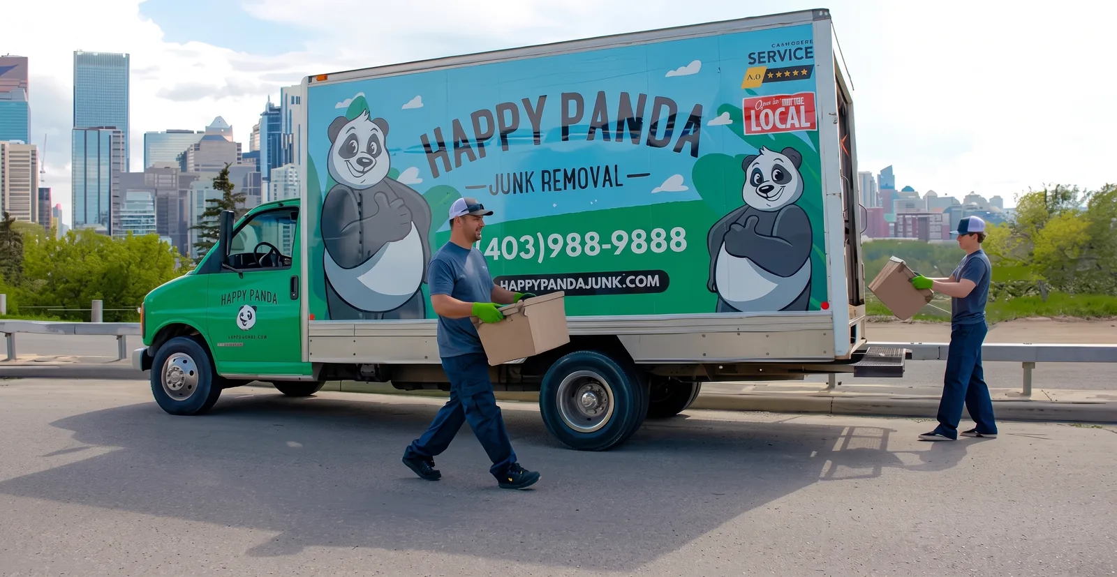 Happy Panda Junk Removal truck with the panda logo, parked in Calgary